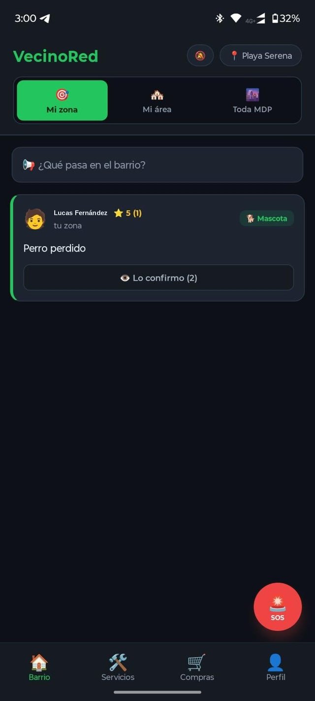 Pantalla principal de VecinoRed mostrando alertas del barrio Playa Serena