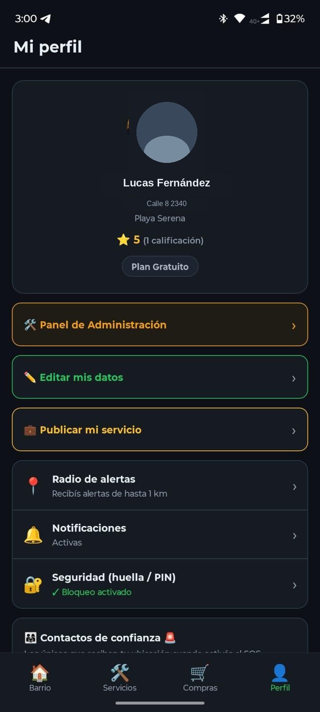 Pantalla de perfil con reputación