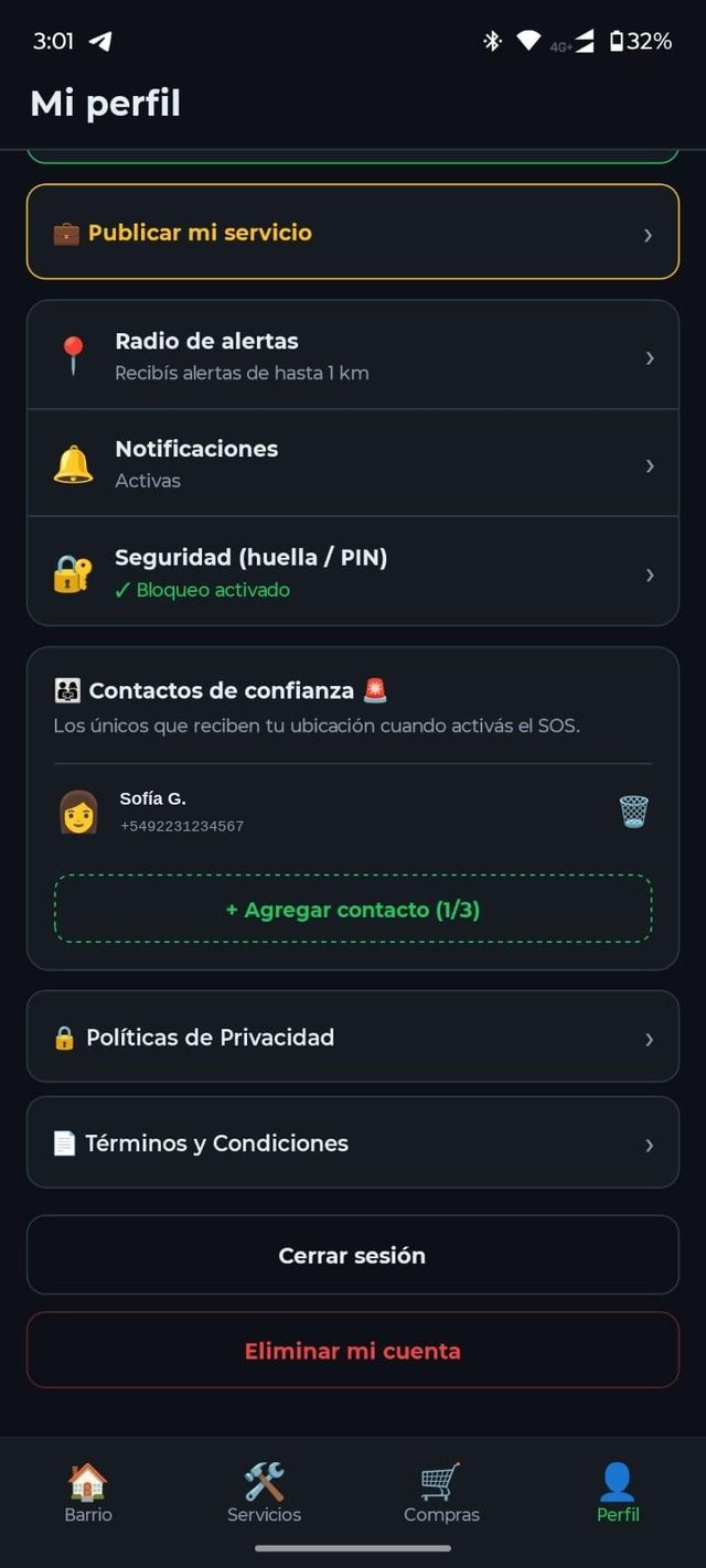 Pantalla de contactos de confianza y configuración de seguridad