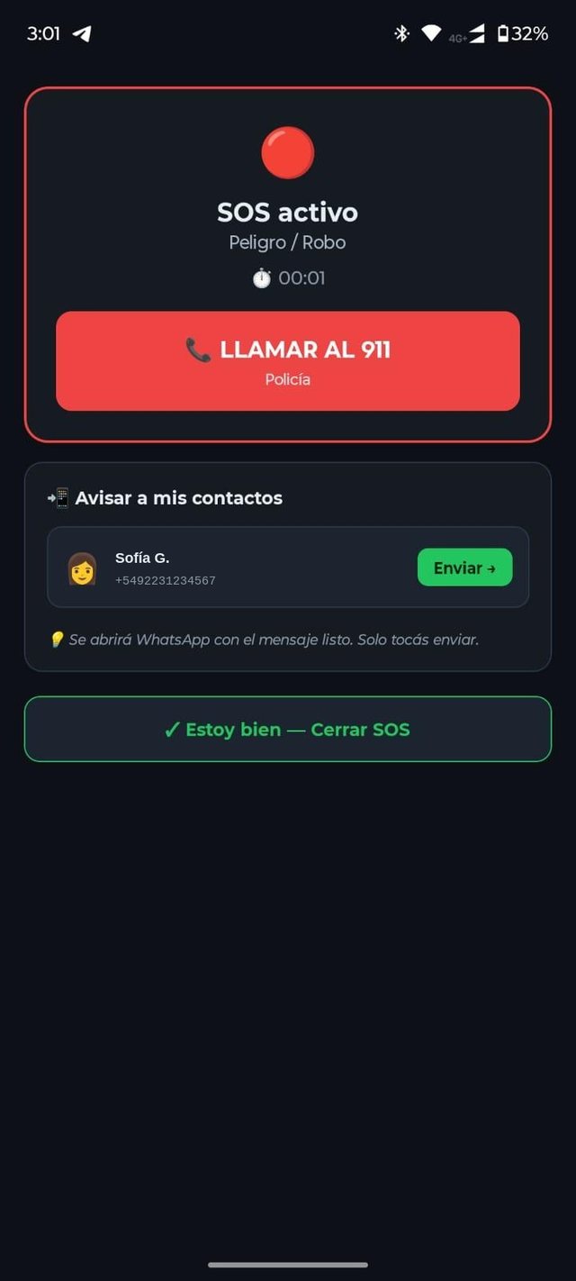 Pantalla de SOS activo con opción de llamar al 911 y avisar a contactos