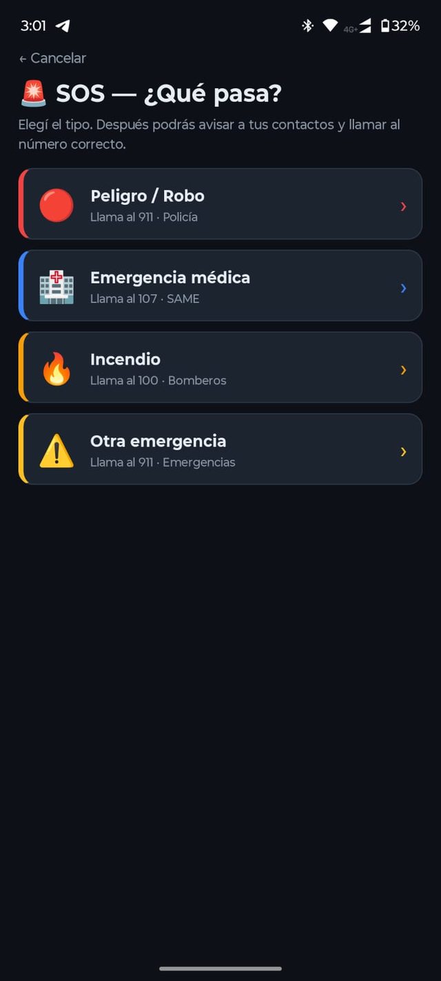 Pantalla para elegir el tipo de emergencia en VecinoRed